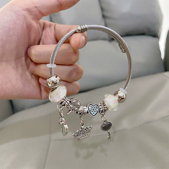 Wholesale Women's Silver Electroplated Stainless Steel Heart Crown Beaded Pendant Bracelet Hand Jewelry