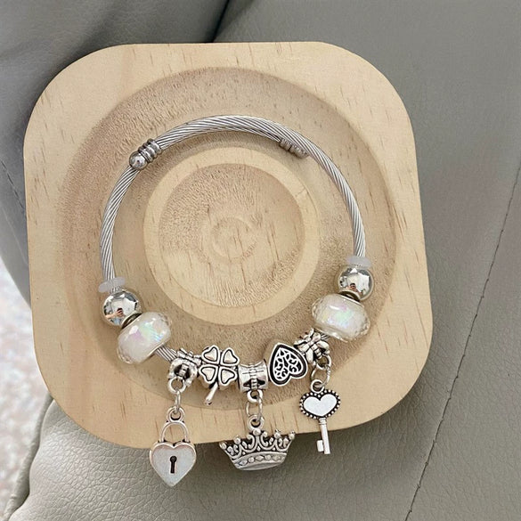 Wholesale Women's Silver Electroplated Stainless Steel Heart Crown Beaded Pendant Bracelet Hand Jewelry