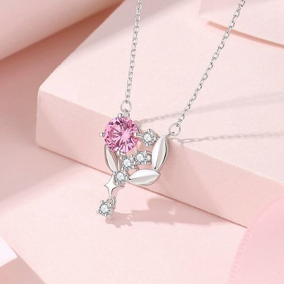 Wholesale Women's 925 Silver Flower Spike Pendant Necklace With Pink Zircon Inlay And Geometric Design
