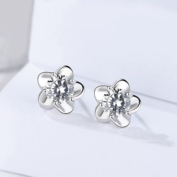 Wholesale Women's Silver Flower Zirconia Earrings Simple Modern Style