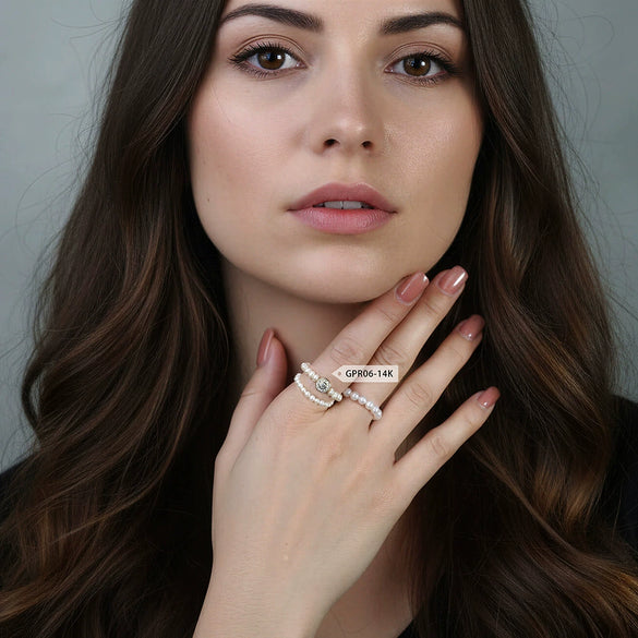 Wholesale Women's Silver Geometric Electroplated Pearl Elastic String Beaded Ring Fashionable Minimalist Light Luxury Hand Accessories