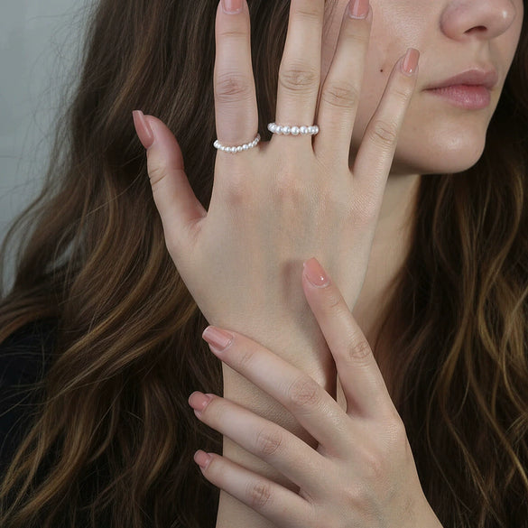 Wholesale Women's Silver Geometric Electroplated Pearl Elastic String Beaded Ring Fashionable Minimalist Light Luxury Hand Accessories