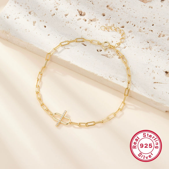 Wholesale Women's 925 Silver Geometric Paper Clip Bracelet With Diamond Design