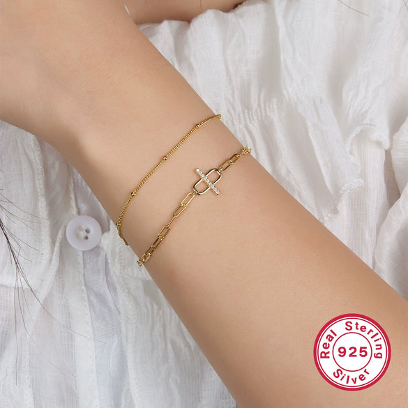 Wholesale Women's 925 Silver Geometric Paper Clip Bracelet With Diamond Design