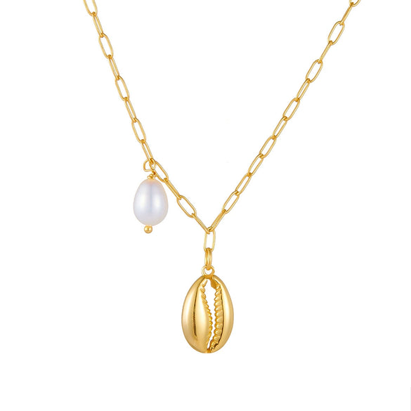Wholesale Women's 925 Silver Natural Style Diamond Cross Chain Necklace With Pearl Shell Conch Pendant