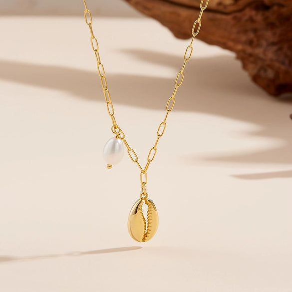 Wholesale Women's 925 Silver Natural Style Diamond Cross Chain Necklace With Pearl Shell Conch Pendant