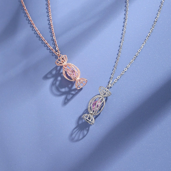 Wholesale Women's 925 Silver Necklace With Pink Diamond Candy Clavicle Chain And Square Pink Rose Gold Pendant Geometric Style