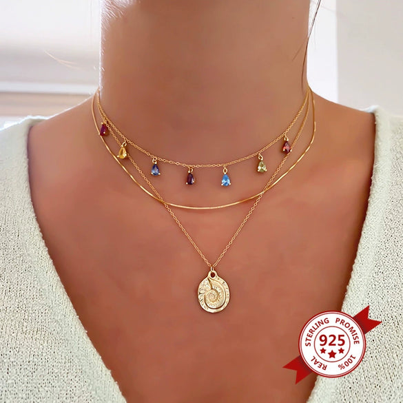 Wholesale Women's 925 Silver Raindrop Shape Geometric Light Luxury Style Necklace With Snake Bone Chain And Copper Pendant Electroplated