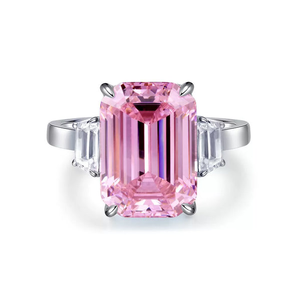 Wholesale Women's 925 Silver Ring With Emerald Cut Pink Diamond Zircon Geometric Style And Electroplating Treatment