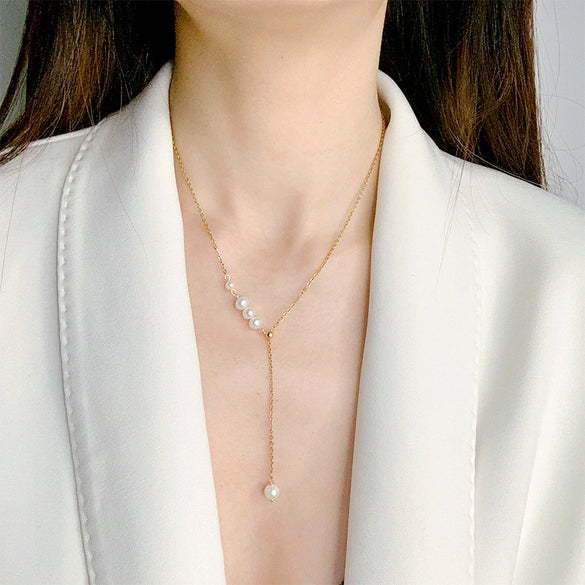 Wholesale Women's Simple Adjustable Clavicle Chain Necklace With Freshwater Pearl And Geometric Pattern Titanium Steel Accessories