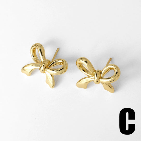 Wholesale Women's Simple Bow Geometric Copper Gold Plated Zircon Inlaid Earrings