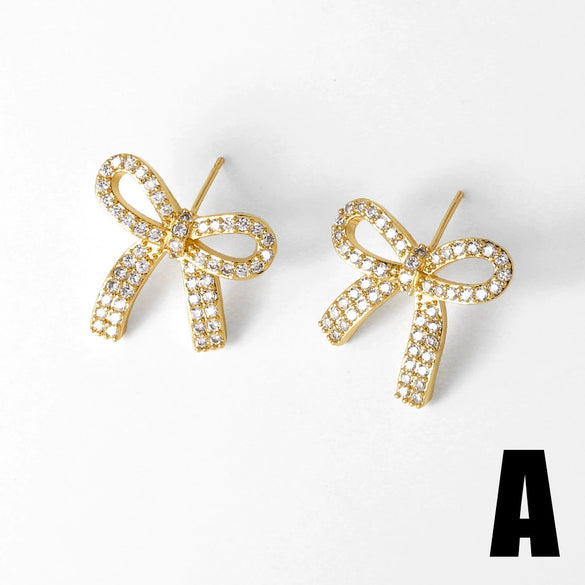 Wholesale Women's Simple Bow Geometric Copper Gold Plated Zircon Inlaid Earrings