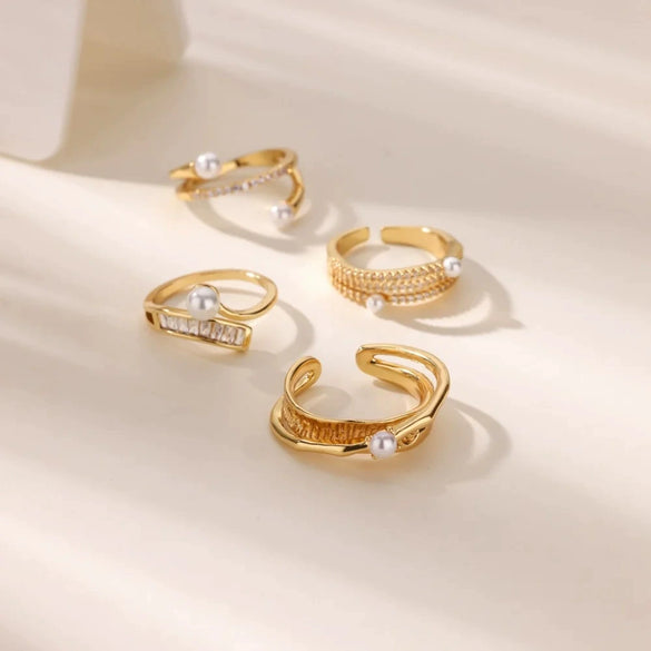 Wholesale Women's Simple Compact Pearl Open Ring Copper Zircon Gold Plated