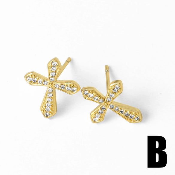 Wholesale Women's Simple Cross Copper 18K Gold Plated Earrings