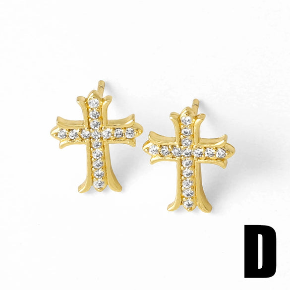 Wholesale Women's Simple Cross Copper 18K Gold Plated Earrings