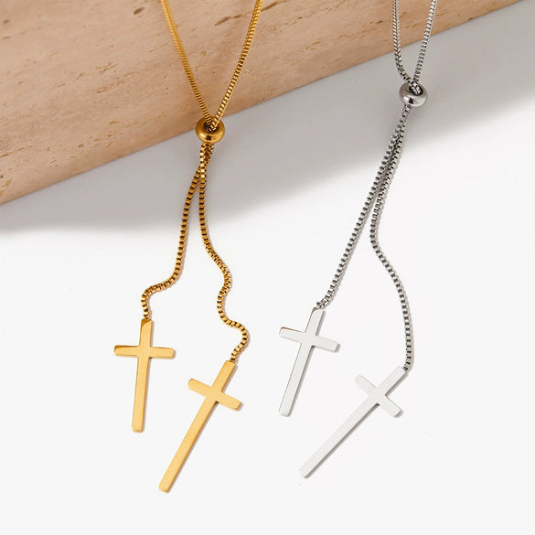Wholesale Women's Simple Cross Pendant Long Sweater Chain Adjustable Necklace In Stainless Steel With Geometric Styling And Electroplating