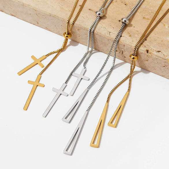 Wholesale Women's Simple Cross Pendant Long Sweater Chain Adjustable Necklace In Stainless Steel With Geometric Styling And Electroplating