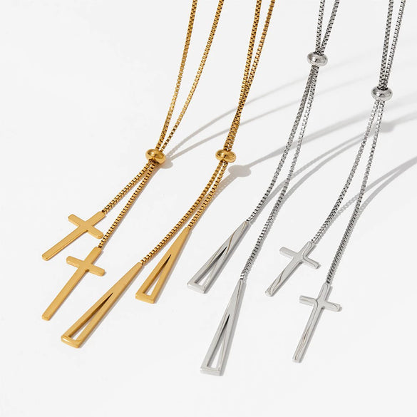 Wholesale Women's Simple Cross Pendant Long Sweater Chain Adjustable Necklace In Stainless Steel With Geometric Styling And Electroplating