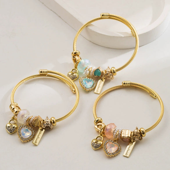 Wholesale Women's Simple Crystal Beaded Heart Pendant Stainless Steel Titanium Steel Couple Bracelet