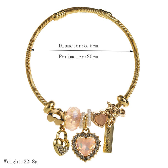 Wholesale Women's Simple Crystal Beaded Heart Pendant Stainless Steel Titanium Steel Couple Bracelet