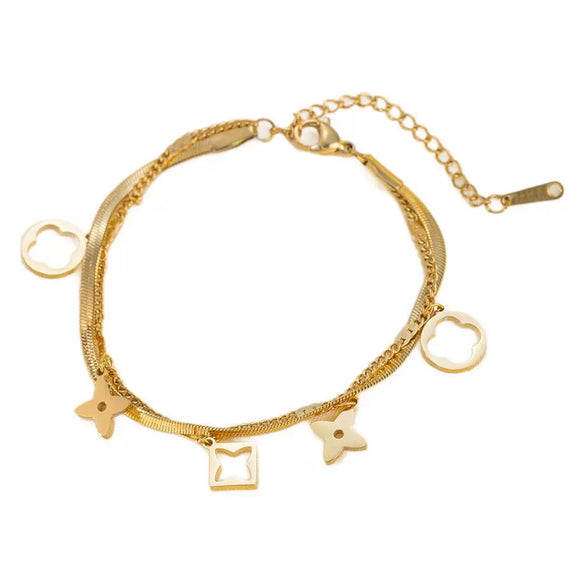 Wholesale Women's Simple Double Layer Hollow Geometric Flower Titanium Steel Necklace Bracelet 18K Gold Electroplated