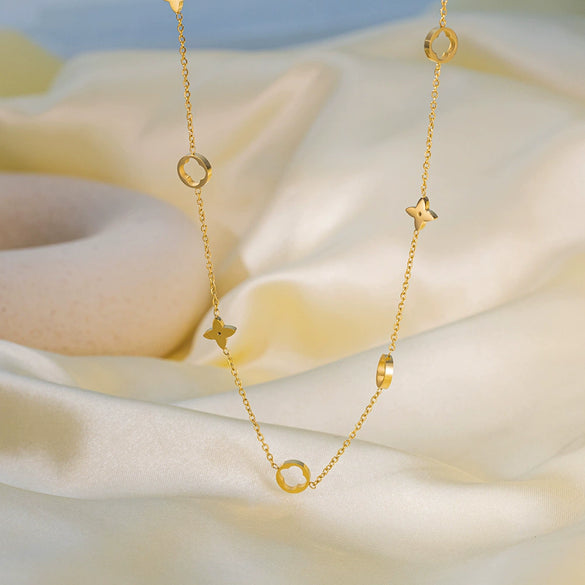 Wholesale Women's Simple Double Layer Hollow Geometric Flower Titanium Steel Necklace Bracelet 18K Gold Electroplated