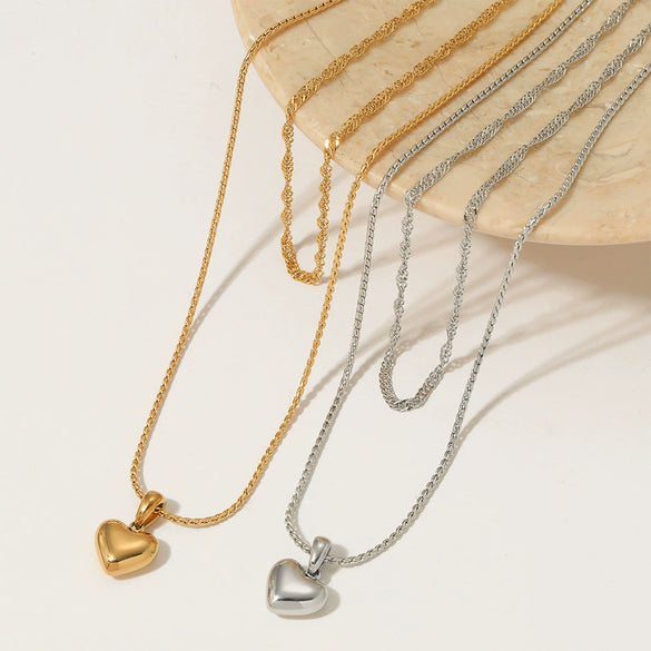 Wholesale Women's Simple Electroplated Stainless Steel And Titanium Steel Heart Shape Pendant O Word Chain Double Layer Stacked Necklace