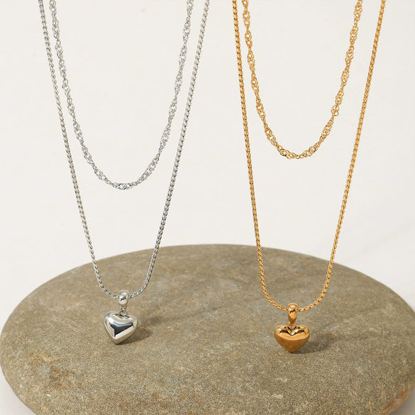 Wholesale Women's Simple Electroplated Stainless Steel And Titanium Steel Heart Shape Pendant O Word Chain Double Layer Stacked Necklace