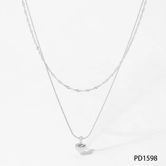Wholesale Women's Simple Electroplated Stainless Steel And Titanium Steel Heart Shape Pendant O Word Chain Double Layer Stacked Necklace