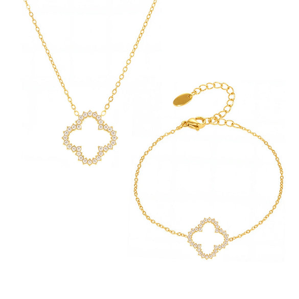 Wholesale Women's Simple Elegant Stainless Steel Cut Out Super Flash Zircon Fourleaf Flower Necklace Bracelet Set With Electroplating