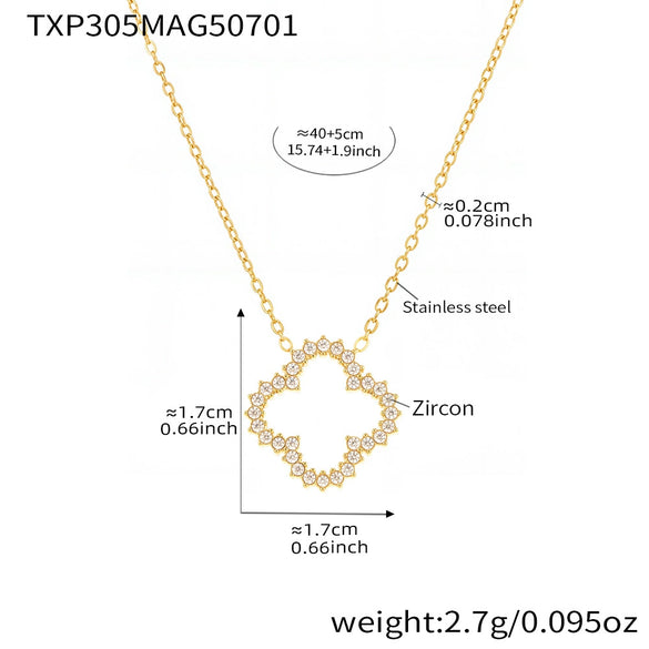 Wholesale Women's Simple Elegant Stainless Steel Cut Out Super Flash Zircon Fourleaf Flower Necklace Bracelet Set With Electroplating