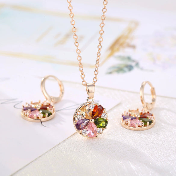 Wholesale Women's Simple Fashion Crystal Zircon Jewelry Set With Lock And Key Pattern Copper Zircon Glass Material And Electroplating Process Necklace And Earrings Included
