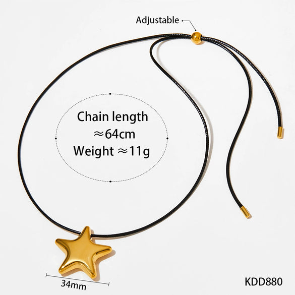 Wholesale Women's Simple Fashion Exaggerated Hollow Five Pointed Star And Heart Pendant Necklace With Wax Rope Chain Made Of Stainless Steel With Electroplating Treatment