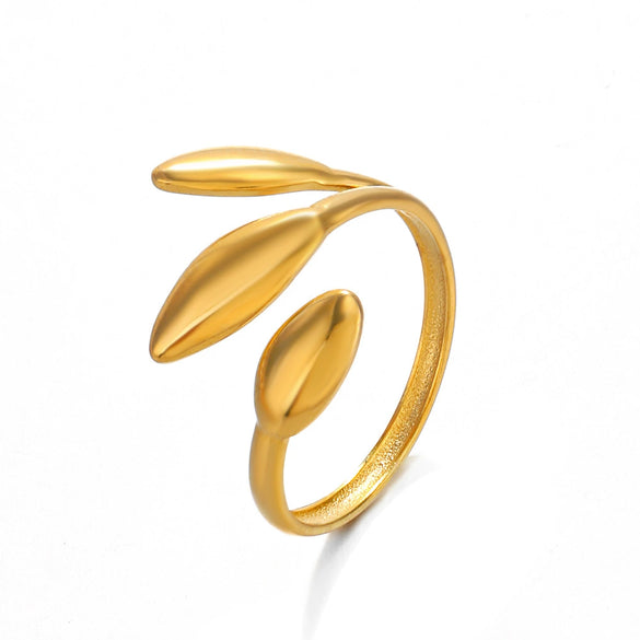 Wholesale Women's Simple Fashion Stainless Steel Leaf Opening Ring With 18K Gold Plated Electroplating In Plant Flowers Style