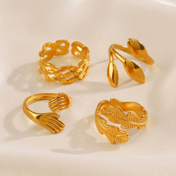 Wholesale Women's Simple Fashion Stainless Steel Leaf Opening Ring With 18K Gold Plated Electroplating In Plant Flowers Style