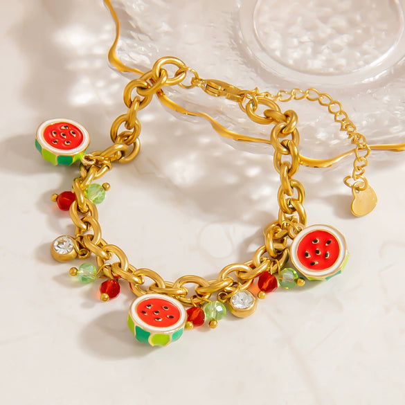Wholesale Women's Simple Fruit Shaped Titanium Steel Electroplated Bracelet With Cherry Pendant Jewelry Accessory