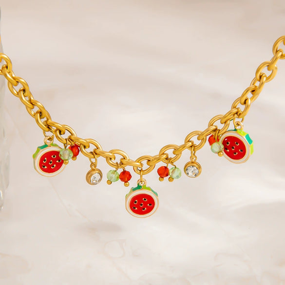 Wholesale Women's Simple Fruit Shaped Titanium Steel Electroplated Bracelet With Cherry Pendant Jewelry Accessory