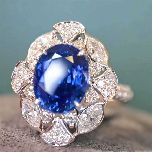 Wholesale Women's Simple Geometric Copper Ring With Imitation Sapphire And Zirconia And Flower Pattern