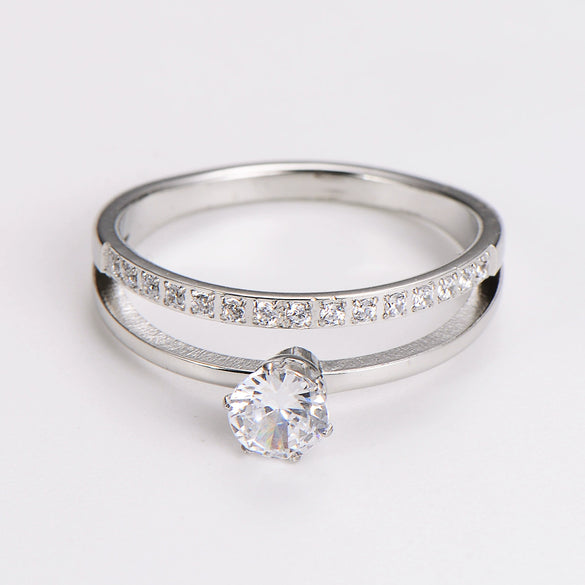 Wholesale Women's Simple Geometric Doublelayer Microinlaid Single Diamond Index Finger Stainless Steel Ring With Sixclaw Zircon Electroplated