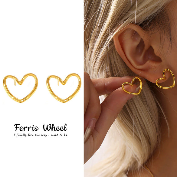 Wholesale Women's Simple Geometric Ferris Wheel Hollow Love Earrings Made Of Titanium Steel And Stainless Steel With Pvd 18K Gold Electroplating