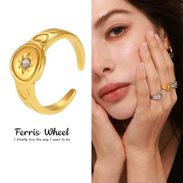 Wholesale Women's Simple Geometric Ferris Wheel Stainless Steel Inlaid Zircon Opening Ring 18K Gold Plated