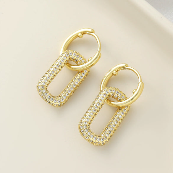 Wholesale Women's Simple Geometric Oval Zircon Inlay Real Gold Copper Plated Hoop Earrings