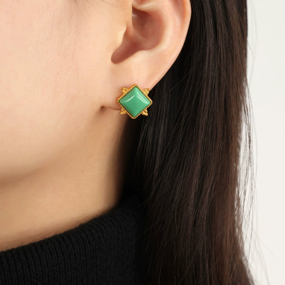 Wholesale Women's Simple Geometric Round Beads Square Side Colorful Gem Titanium Steel Earring Buckles 18K Gold Plated Electroplated