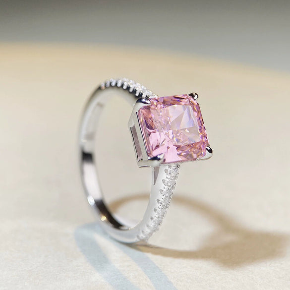 Wholesale Women's Simple Geometric S925 Sterling Silver Cherry Blossom Powder Diamond Four Claw High Carbon Diamond Ice Flower Cut Ring With Electroplating