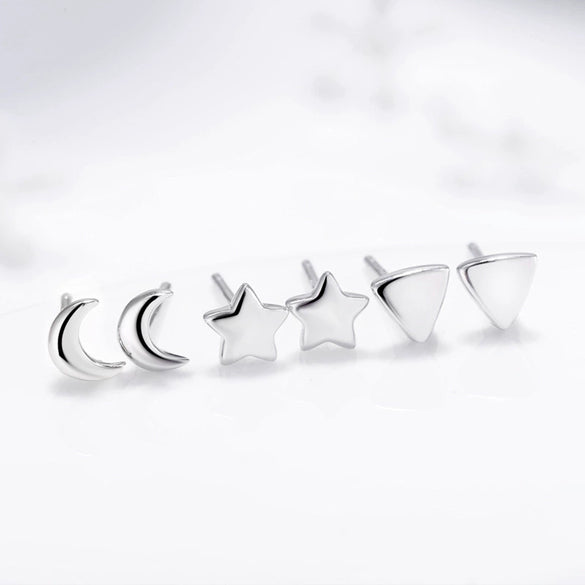 Wholesale Women's Simple Geometric S925 Sterling Silver Star Moon Triangle Earrings Platinum Plated Antiallergy Jewelry