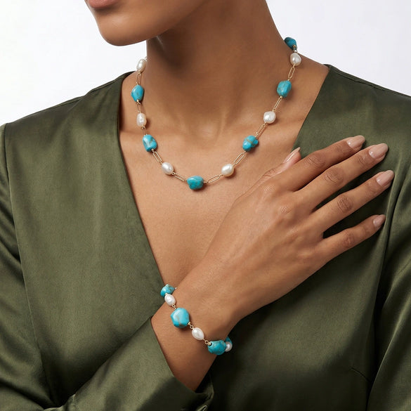 Wholesale Women's Simple Geometric 925 Silver Electroplated Natural Freshwater Pearl Turquoise Bracelet