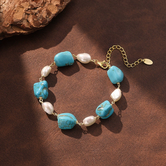 Wholesale Women's Simple Geometric 925 Silver Electroplated Natural Freshwater Pearl Turquoise Bracelet