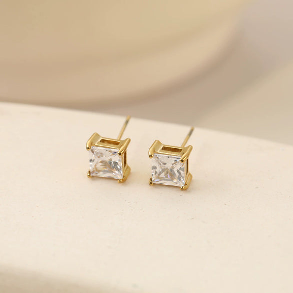 Wholesale Women's Simple Geometric Square Diamond Stud Earrings 18K Gold Electroplated Stainless Steel
