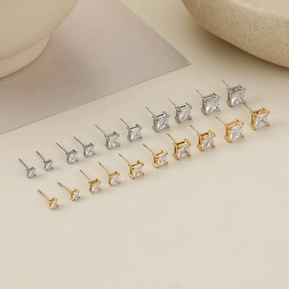 Wholesale Women's Simple Geometric Square Diamond Stud Earrings 18K Gold Electroplated Stainless Steel