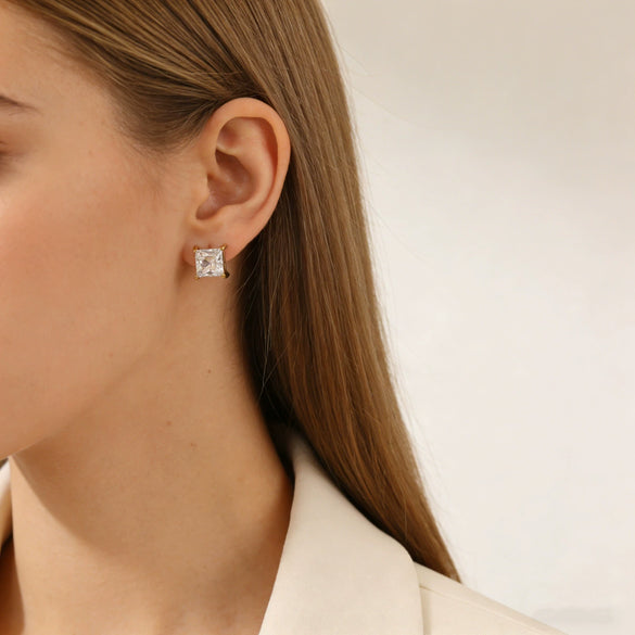 Wholesale Women's Simple Geometric Square Diamond Stud Earrings 18K Gold Electroplated Stainless Steel